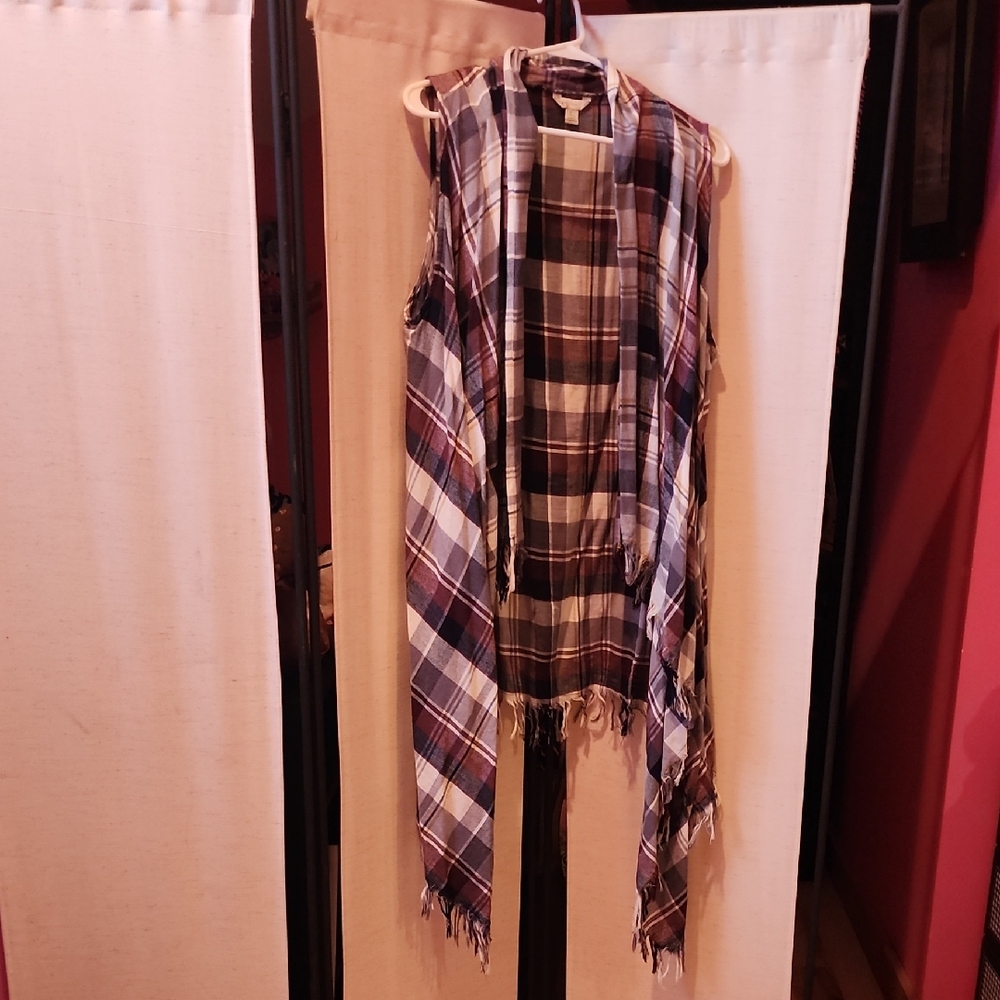 Plaid Fringe Open-Front Women's Wrap Scarf - Gray/White/Burgundy